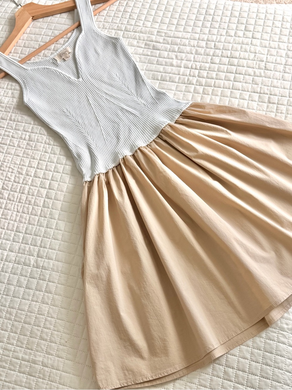 Elan White Ribbed Tank Top with Cream Gathered Skirt Dress